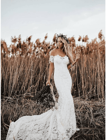 Strand Boho Brautkleider Kapelle Zug Trompete/Meerjungfrau Kurzarm Schulterfrei Spitze Mit Applikationen Volltonfarbe