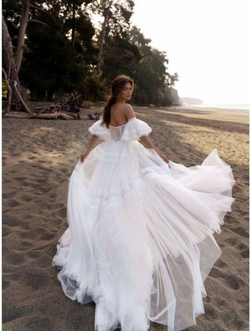 Strand Boho Brautkleider Hofschleppe A-Linie Kurzarm Herzausschnitt Spitze Mit Volltonfarbe