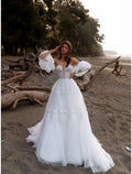 Vestidos de noiva estilo boho praia, cauda longa, corte A, manga curta, decote em coração, renda com cor sólida