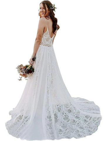 Strand Boho Brautkleider Hofschleppe A-Linie Ärmellos V-Bügel Chiffon Mit Quaste