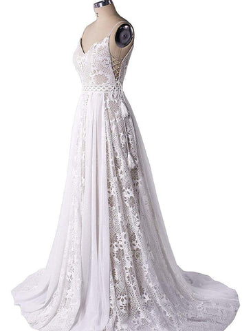 Strand Boho Brautkleider Hofschleppe A-Linie Ärmellos V-Bügel Chiffon Mit Quaste