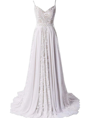 Strand Boho Brautkleider Hofschleppe A-Linie Ärmellos V-Bügel Chiffon Mit Quaste