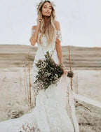 Beach Boho Wedding Dresses Mermaid / Trumpet Off Shoulder Cap Sleeve Chapel Train Lace Bridal Gowns With Appliques Solid Color