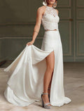 Abiti da Sposa Beach Boho Separabili con Scollo Illusion Senza Maniche Top da Sposa in Pizzo Separabili Abiti da Sposa con Appliques