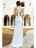 Strand-Boho-Brautkleider, Sweep-Trage, Meerjungfrau, Neckholder, ärmellos, Stretch-Stoff mit Volltonfarbe