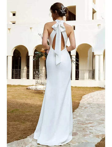 Strand-Boho-Brautkleider, Sweep-Trage, Meerjungfrau, Neckholder, ärmellos, Stretch-Stoff mit Volltonfarbe