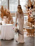 Strand Boho Brautkleider Zweiteiliger V-Ausschnitt Langarm Asymmetrische Chiffon Brautkleider Mit Applikationen Einfarbig Sommer Herbst Hochzeitsfeier