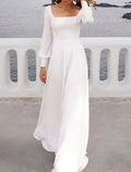 Vestidos de noiva casuais de outono, corte A, decote quadrado, manga comprida, cauda comprida, chiffon, cor sólida