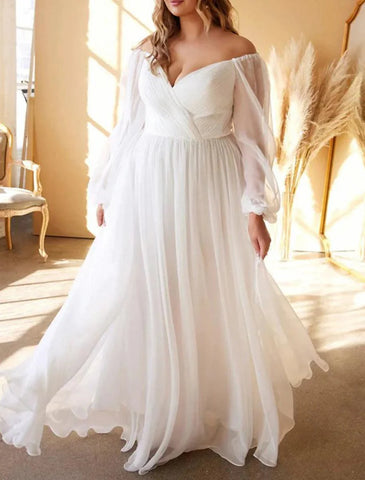Strand Lässige Brautkleider A-Linie Schulterfrei Langarm Bodenlang Chiffon Brautkleider Mit Falten Einfarbig Sommer Herbst Hochzeitsfeier