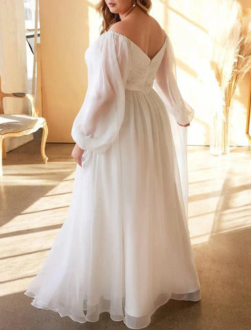 Strand Lässige Brautkleider A-Linie Schulterfrei Langarm Bodenlang Chiffon Brautkleider Mit Falten Einfarbig Sommer Herbst Hochzeitsfeier