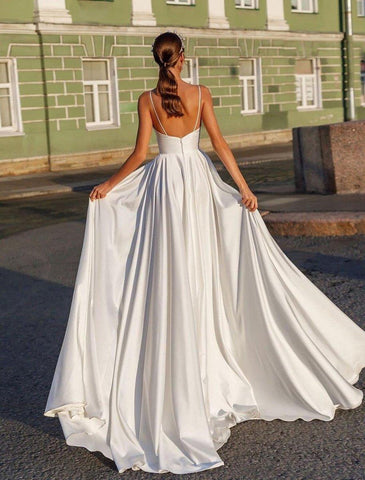 Vestidos de noiva casuais para praia, corte A, alças finas, camisola, alças finas, cauda longa/escova, vestidos de noiva de cetim com franzidos
