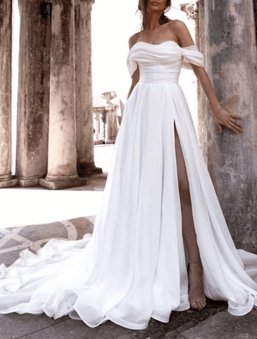 Strand Lässige Brautkleider Kapelle Zug A-Linie Ärmellos Off Shoulder Chiffon Mit Geraffte Split Front
