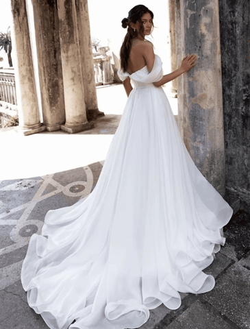 Strand Lässige Brautkleider Kapelle Zug A-Linie Ärmellos Off Shoulder Chiffon Mit Geraffte Split Front