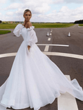 Abito da Sposa Casual da Spiaggia con Strascico Corto, Linea A, Manica Lunga, Spalle Scoperte, in Organza Colore Unito
