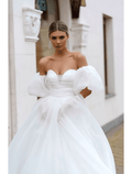 Vestidos de noiva casuais de praia, cauda longa, corte A, manga curta, ombro descoberto, cetim com cor sólida
