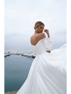 Beach Casual Wedding Dresses Sweep / Brush Train A-Line Long Sleeve Off Shoulder Chiffon With Ruched Solid Color