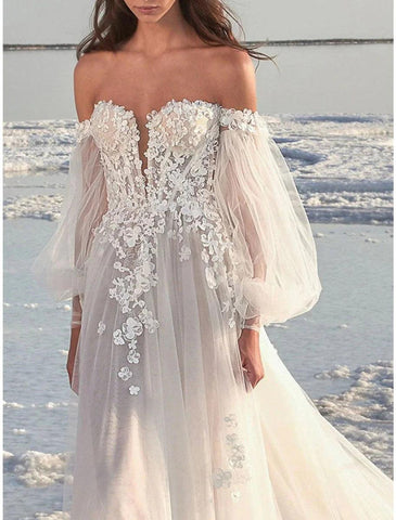 Strand Formale Brautkleider A-Linie Schulterfrei Langarm Hofschleppe Spitze Brautkleider Mit Applikationen Sommer Herbst Hochzeitsfeier