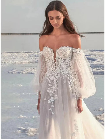 Strand Formale Brautkleider A-Linie Schulterfrei Langarm Hofschleppe Spitze Brautkleider Mit Applikationen Sommer Herbst Hochzeitsfeier