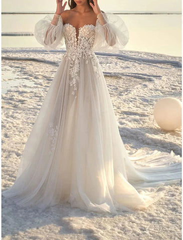 Strand Formale Brautkleider A-Linie Schulterfrei Langarm Hofschleppe Spitze Brautkleider Mit Applikationen Sommer Herbst Hochzeitsfeier