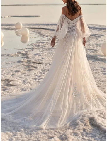 Strand Formale Brautkleider A-Linie Schulterfrei Langarm Hofschleppe Spitze Brautkleider Mit Applikationen Sommer Herbst Hochzeitsfeier