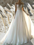Abiti da Sposa da Cerimonia in Spiaggia A-Line Scollati Spalla Corta Manica Corta Strascico Corto Chiffon con Pieghe e Perline