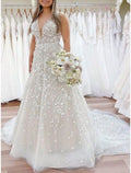 Abiti da Sposa da Spiaggia e Cerimonia A-Line Scollatura a V Senza Maniche con Strascico Corte e Pizzi con Pieche