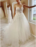 Abiti da Sposa da Spiaggia e Cerimonia Ball Gown con Scollatura Illusion Senza Maniche Strascico Corto Pizzo e Pieghe