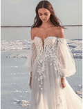 Abiti da Sposa da Spiaggia ed Eleganti con Strascico Corte Linea A Manica Lunga Spalla Scoperta Pizzo e Appliques