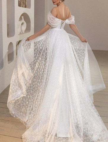 Strand Glitter &amp; Sparkle Brautkleider Meerjungfrau/Trompete Off Schulter Flügelärmeln Hofschleppe Satin Brautkleider Mit Volltonfarbe