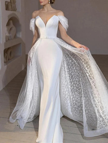 Strand Glitter &amp; Sparkle Brautkleider Meerjungfrau/Trompete Off Schulter Flügelärmeln Hofschleppe Satin Brautkleider Mit Volltonfarbe