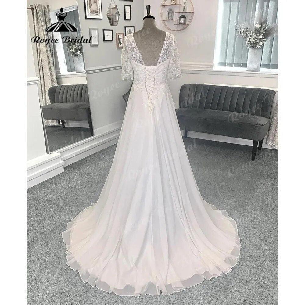 Beach Lace Bodice Chiffon V Neck Women Backless Wedding Dress with Short Sleeve 2024 Bridal Gown Sweep Vestido Novia NumberSea