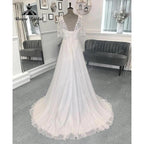 Beach Lace Bodice Chiffon V Neck Women Backless Wedding Dress with Short Sleeve 2024 Bridal Gown Sweep Vestido Novia NumberSea