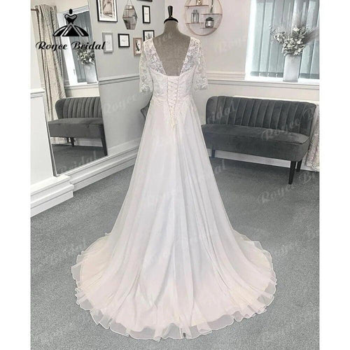 Strand Spitze Mieder Chiffon V-Ausschnitt Frauen rückenfreies Hochzeitskleid mit Kurzarm 2024 Brautkleid Sweep Vestido Novia NumberSea 