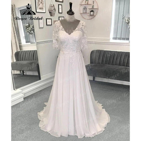 Strand Spitze Mieder Chiffon V-Ausschnitt Frauen rückenfreies Hochzeitskleid mit Kurzarm 2024 Brautkleid Sweep Vestido Novia NumberSea 