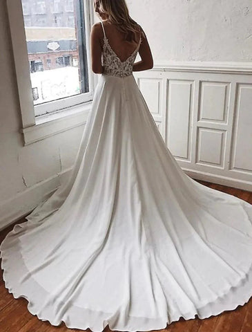 Strand Open Back Boho Brautkleider A-Linie Camisole V-Ausschnitt Spaghettiträger Kapelle Schleppe Chiffon Brautkleider mit Applikationen Volltonfarbe