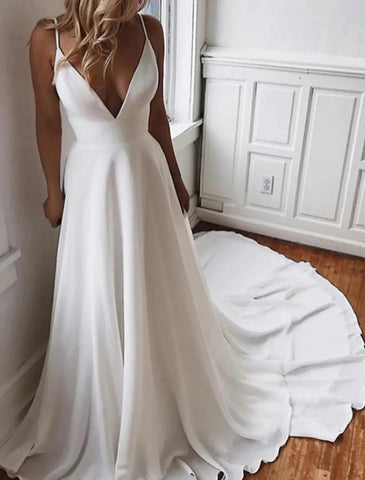Strand Open Back Boho Brautkleider A-Linie Camisole V-Ausschnitt Spaghettiträger Kapelle Schleppe Chiffon Brautkleider mit Applikationen Volltonfarbe