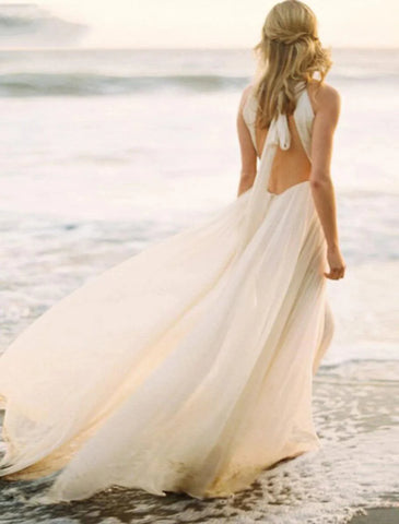Strand Open Back Boho Brautkleider A-Linie Neckholder Ärmellos Sweep / Brush Train Chiffon Brautkleider Mit Volltonfarbe