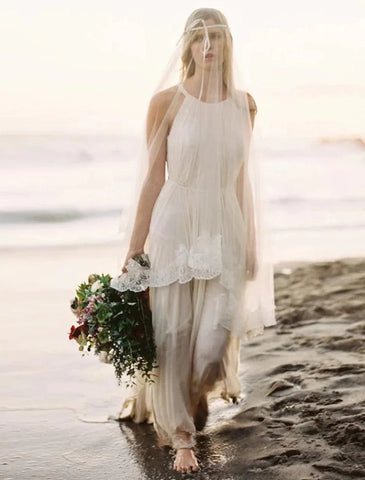 Strand Open Back Boho Brautkleider A-Linie Neckholder Ärmellos Sweep / Brush Train Chiffon Brautkleider Mit Volltonfarbe