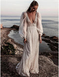 Abiti da Sposa Boho con Schiena Aperta da Spiaggia Linea A Scollatura a V Manica Lunga Strascico Spazzolato / a Pennello Abiti Nuziali Paillettes con Pieche