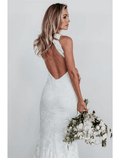 Strand Offener Rücken Boho Brautkleider Kapelle Schleppe Trompete/Meerjungfrau Ärmellos Neckholder Spitze Mit Applikationen Volltonfarbe