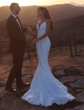 Strand Offener Rücken Boho Brautkleider Hofschleppe Trompete/Meerjungfrau Ärmellos Spaghettiträger Chiffon Mit Applikationen Volltonfarbe