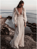 Strand Offener Rücken Boho Brautkleider Sweep/Pinsel Schleppe Etui-Linie Lange Ärmel V-Ausschnitt Pailletten Mit Falten
