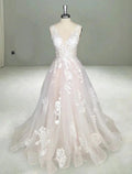 Abito da Sposa in Pizzo con Scollo a V Senza Maniche e Strascico a Corte, Linea A, Schiena Aperta e Sensuale, per Cerimonia in Spiaggia e Abiti da Sposa