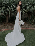 Abiti da Sposa Sexy Casual Spiaggia Schiena Aperta con Strascico a Coda di Sirena/Stile Tromba Senza Maniche Spalline Sottili Scollatura a V Tessuto Elasticizzato con Perle