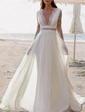 Abito da Sposa Chiffon Lungo fino a Terra Senza Maniche con Scollo a V e Schiena Aperta e Piega per la Spiaggia