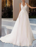 Abiti da Sposa Spiaggia Schiena Aperta Linea A Collo a Fascia Senza Maniche Strascico Corto Pizzo con Pieche e Appliques