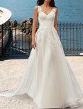 Abiti da Sposa Spiaggia Schiena Aperta Linea A Scollatura a V Senza Maniche Strascico Corto in Pizzo con Appliques