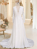 Abiti da Sposa Spiaggia Schiena Aperta Strascico Corto Linea A Manica Lunga Scollatura a V Satin con Appliques