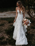 Abiti da Sposa Boho Sexy da Spiaggia A-Line Scollatura a Cuore Camicetta Spaghetti Strap Coda a Corte Pizzo per Matrimonio all'Aperto Con Appliques Spacco Frontale