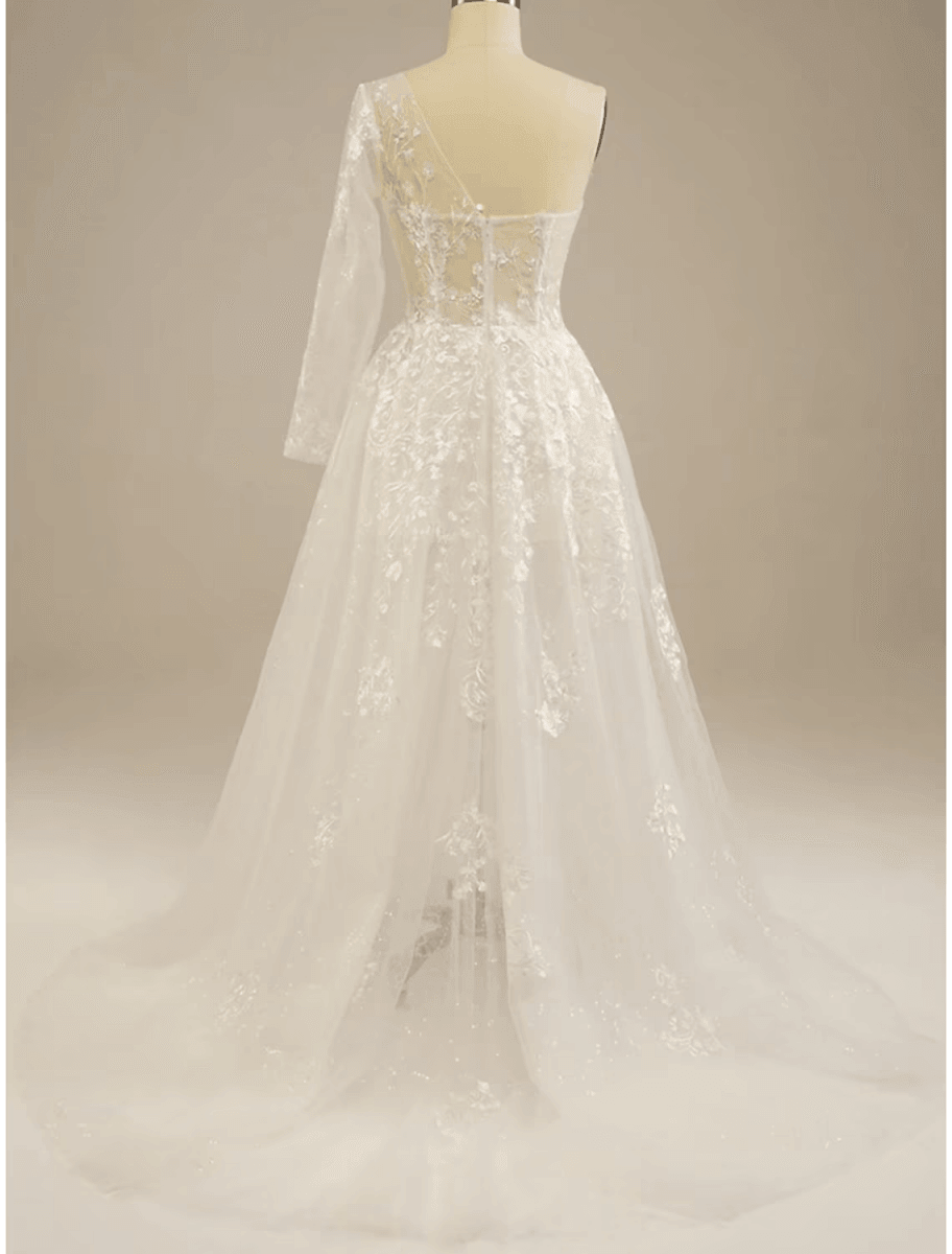 Beach Sexy Boho Wedding Dresses Court Train Sheath / Column Long Sleeve One Shoulder Lace With Split Front